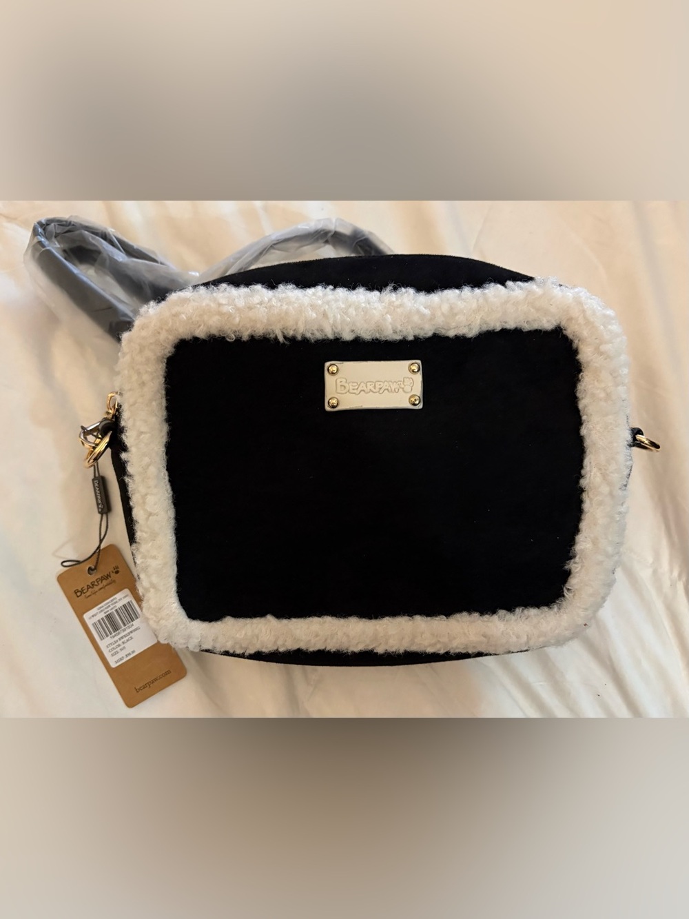 BearPaw Black and White Shearling Crossbody Bag